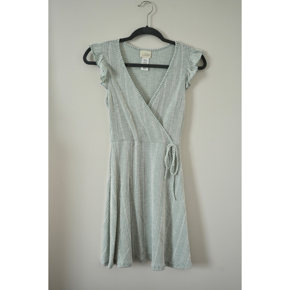 Caution to the Wind Striped Mint Green Faux Wrap Dress
